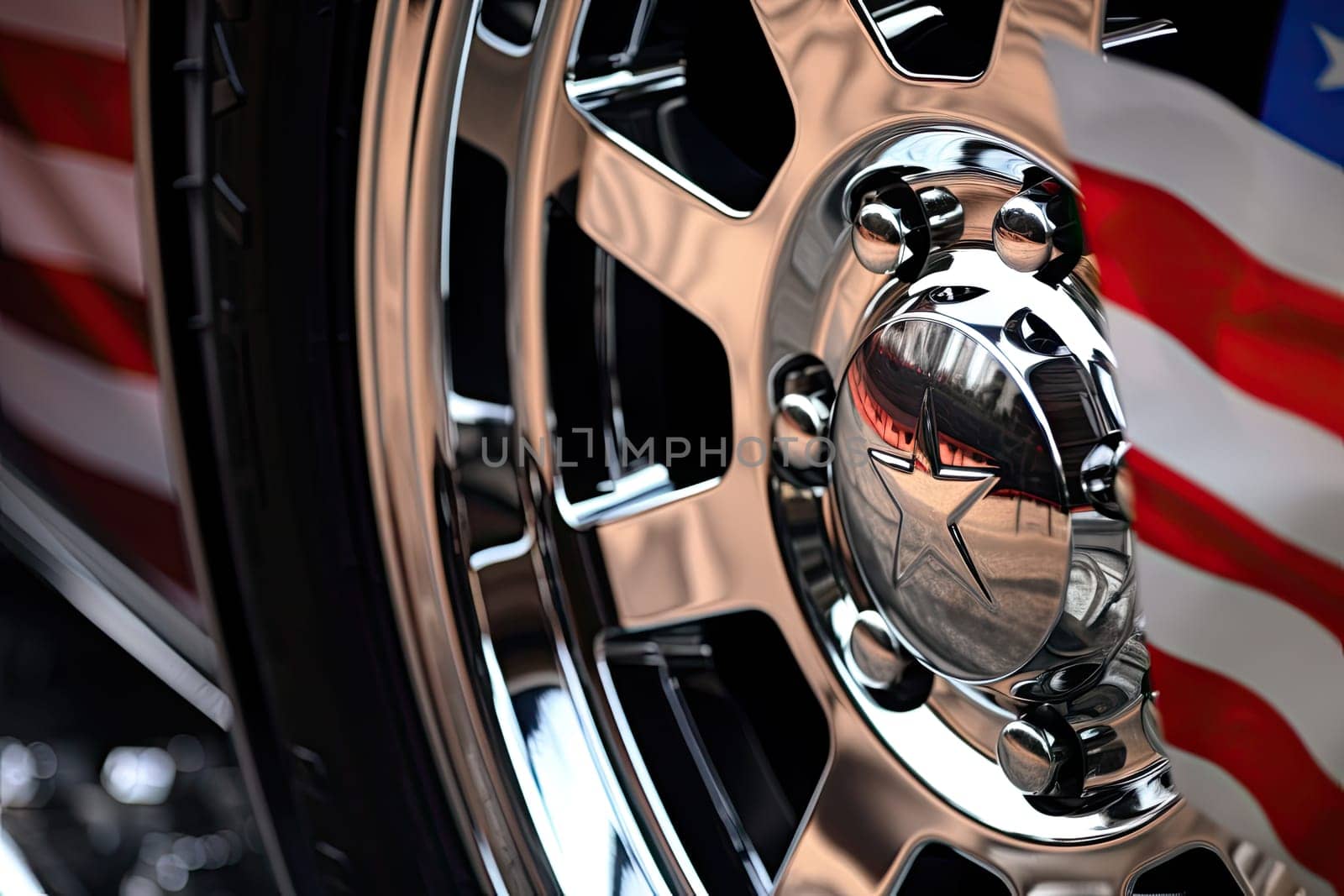 A close up of a wheel with an american flag in the background created with generative AI technology by golibtolibov