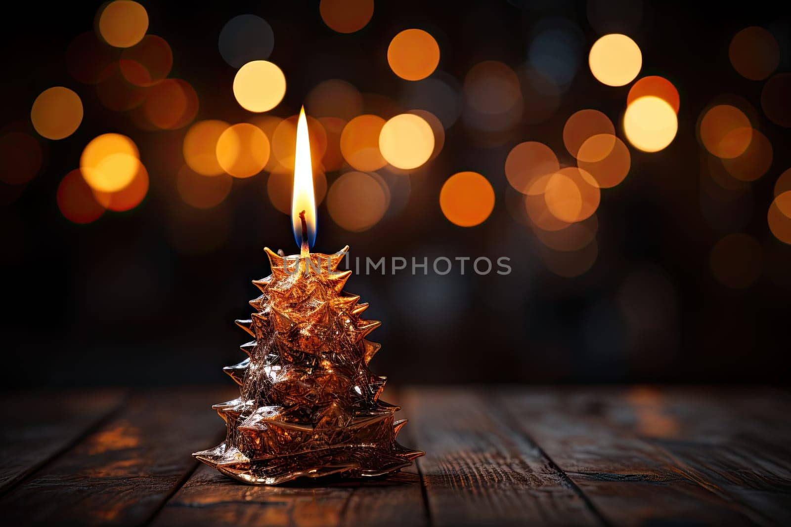 A lit christmas tree sitting on top of a wooden table created with generative AI technology by golibtolibov