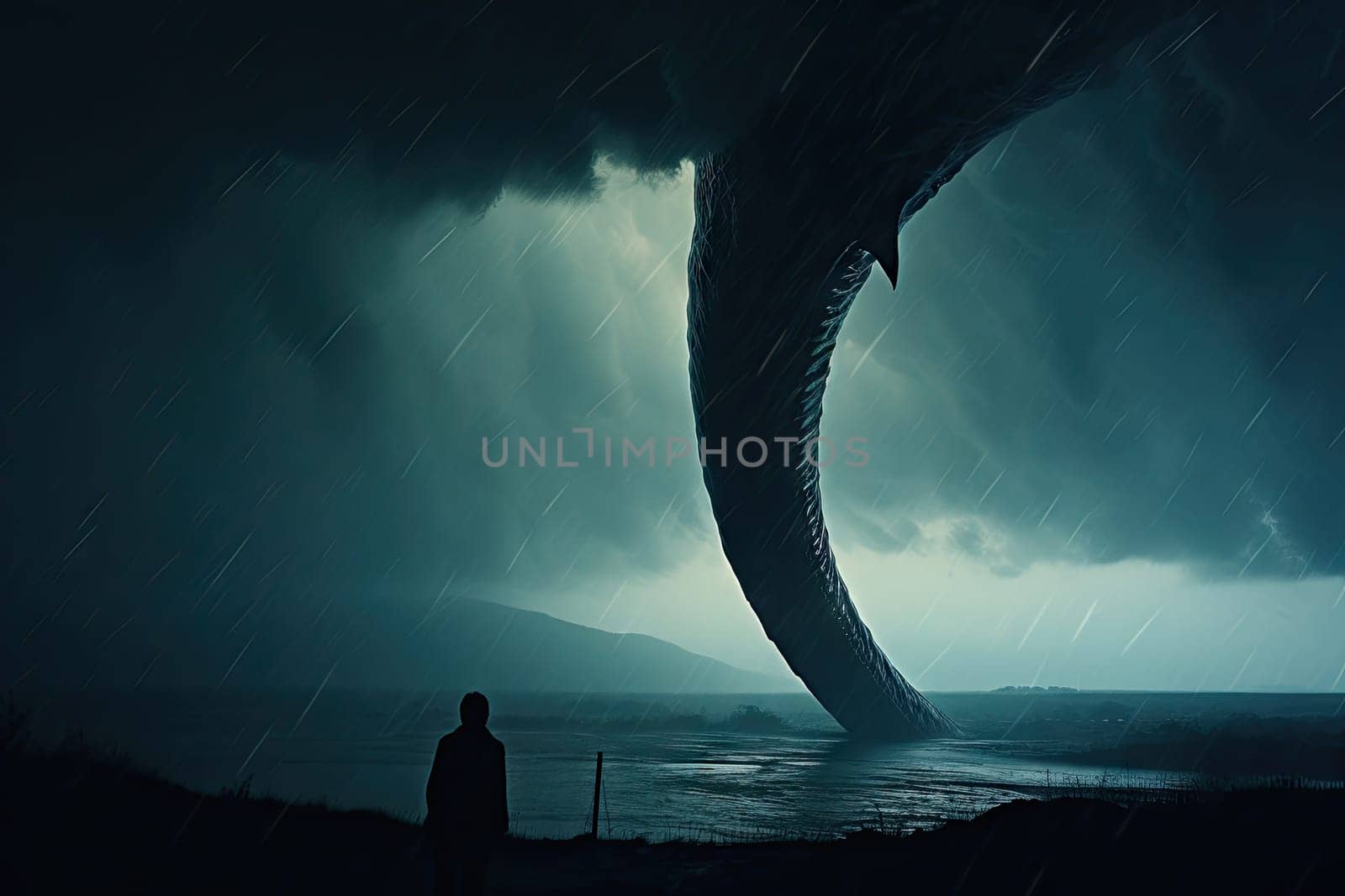 A person standing in front of a huge tornado created with generative AI technology by golibtolibov