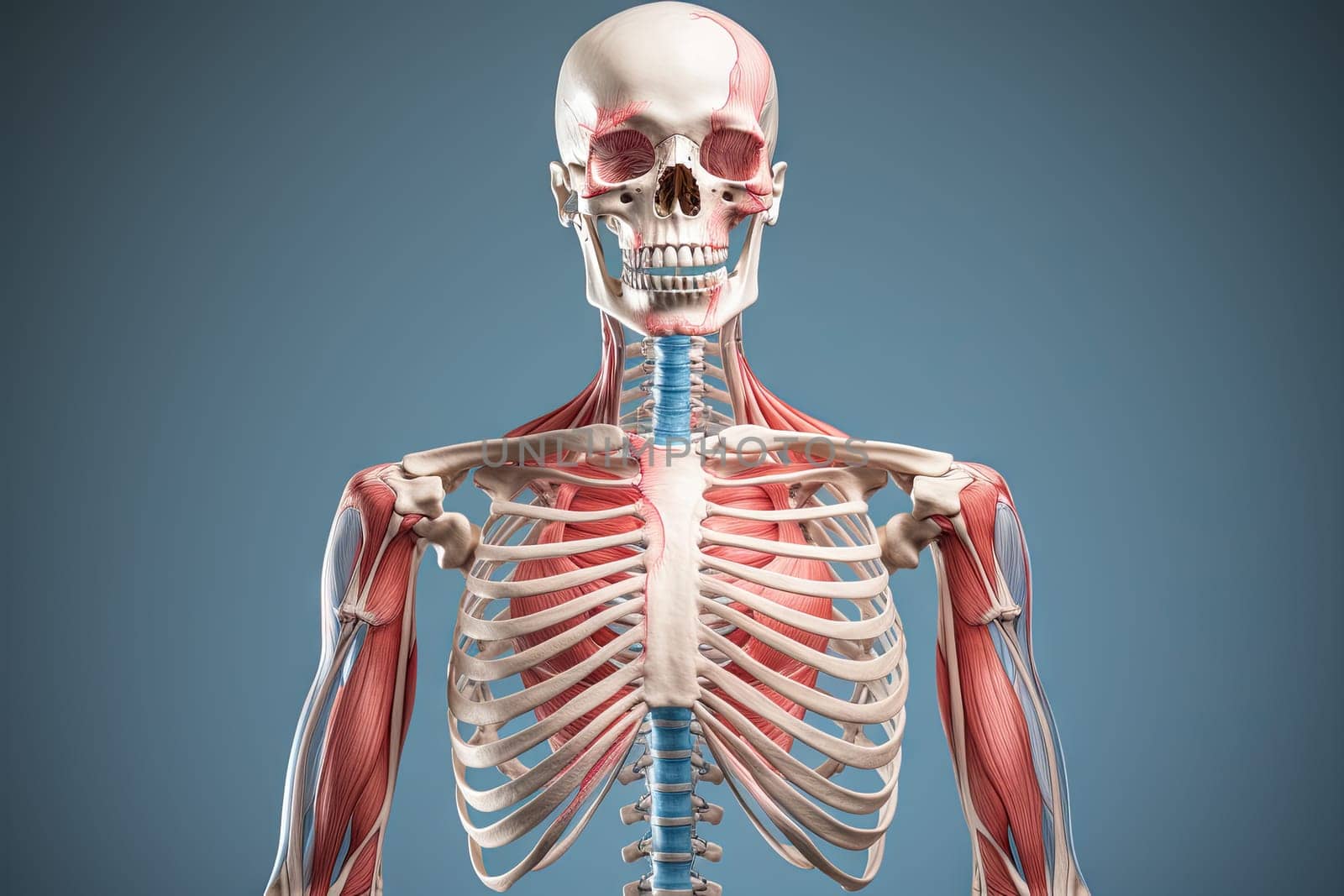 The Intricate Framework: A Detailed Visualization of the Human Skeleton with Highlighted Muscles Created With Generative AI Technology