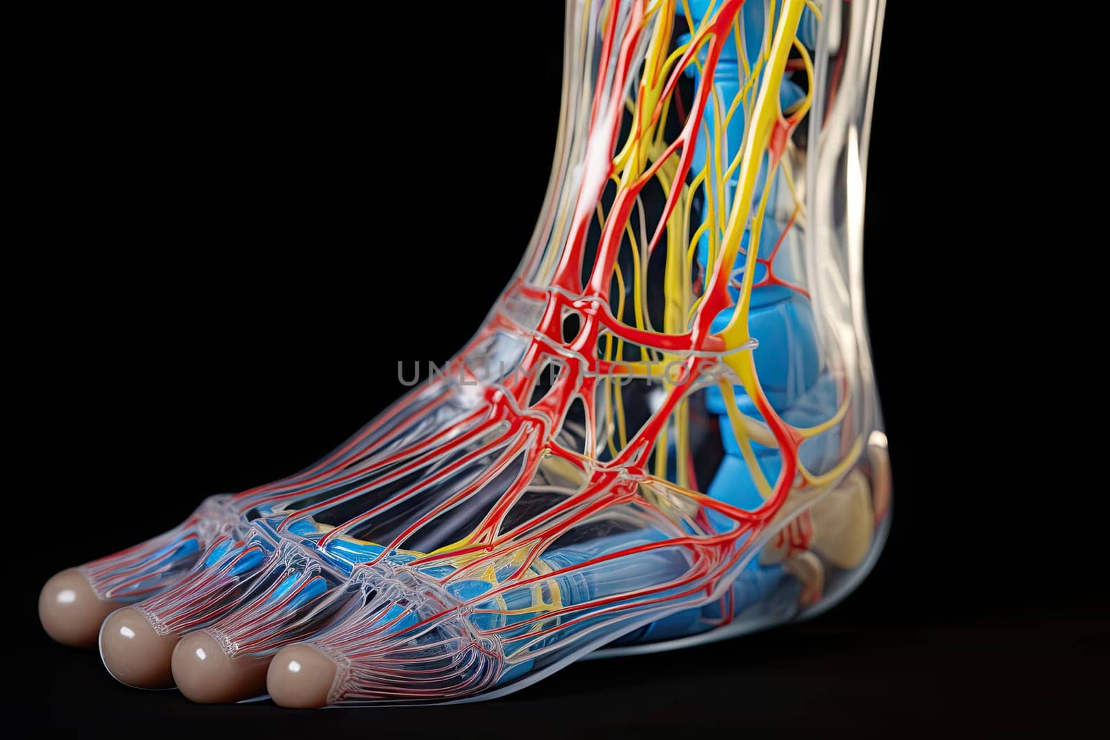 A model of a human foot with multiple colored lines created with generative AI technology by golibtolibov