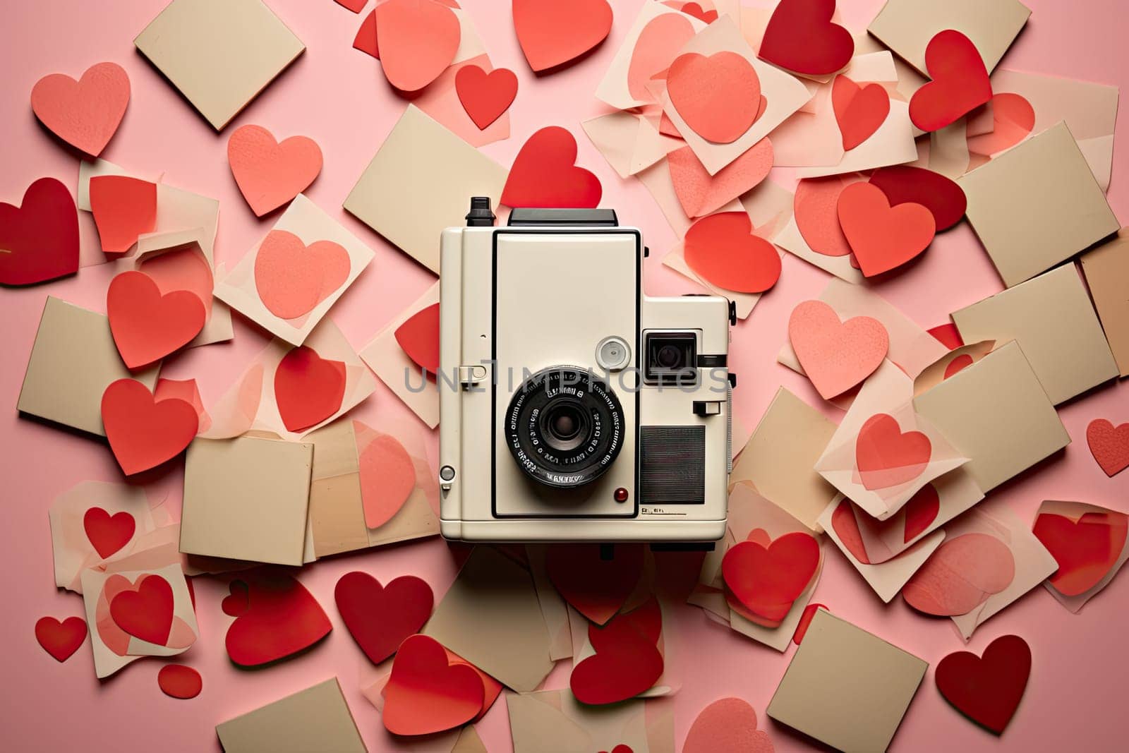 An old camera surrounded by hearts on a pink background created with generative AI technology by golibtolibov