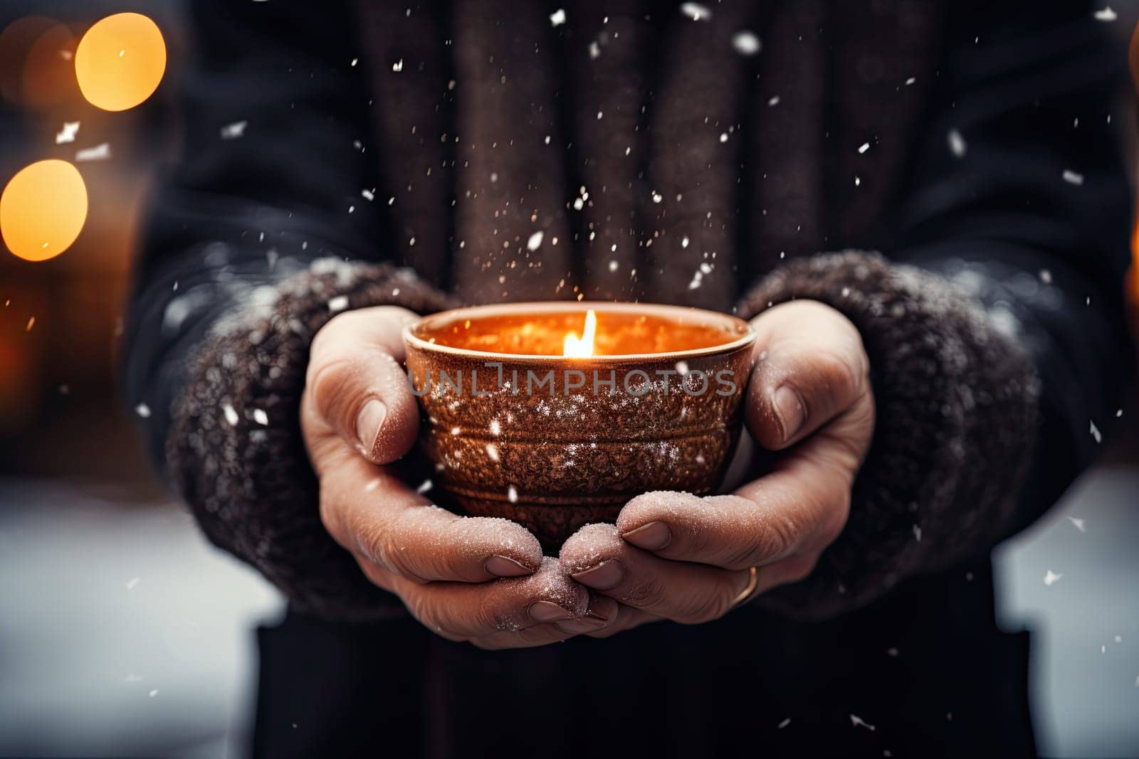 A person holding a lit candle in their hands created with generative AI technology by golibtolibov