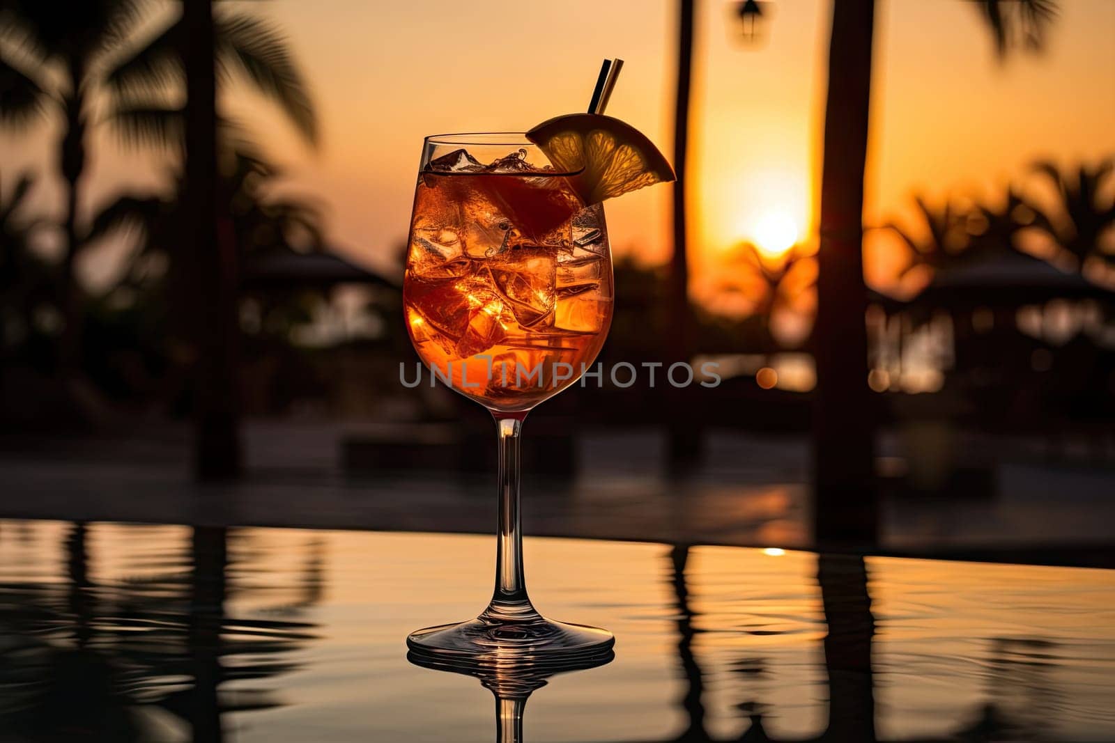 A drink sitting on top of a table next to palm trees by golibtolibov