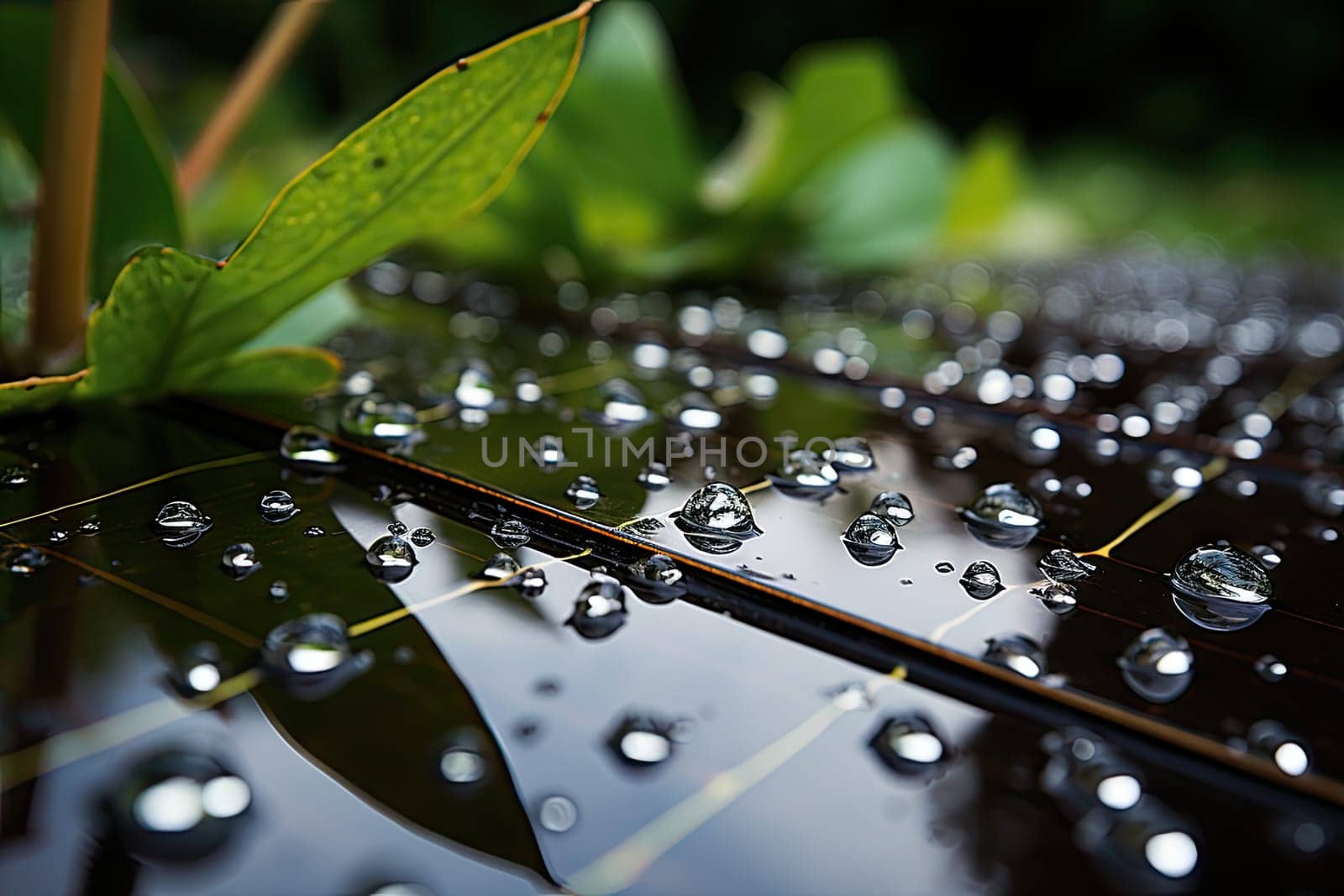 A Glimpse of Nature's Jewels: Close-Up of Water Droplets on a Leaf