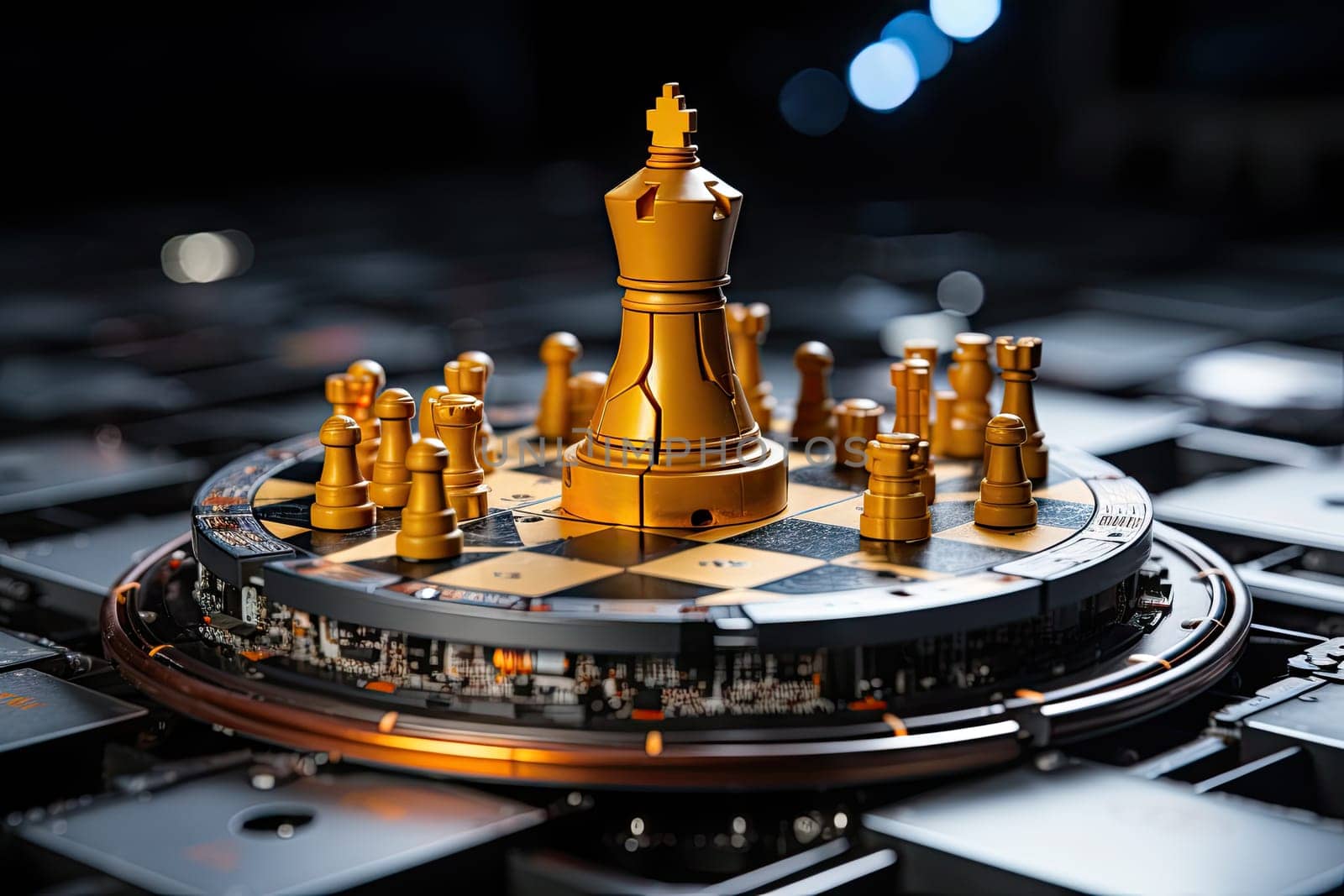 A Regal Battle of Strategy and Tactics: The Golden Chess Set on a Classic Black and White Chess Board