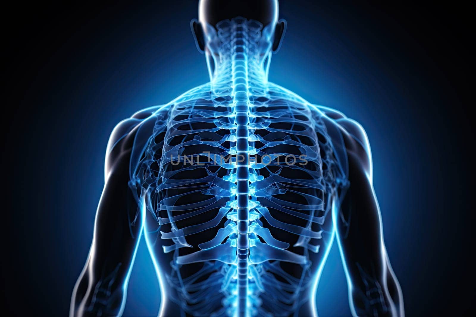 A man's back with the skeleton visible created with generative AI technology by golibtolibov