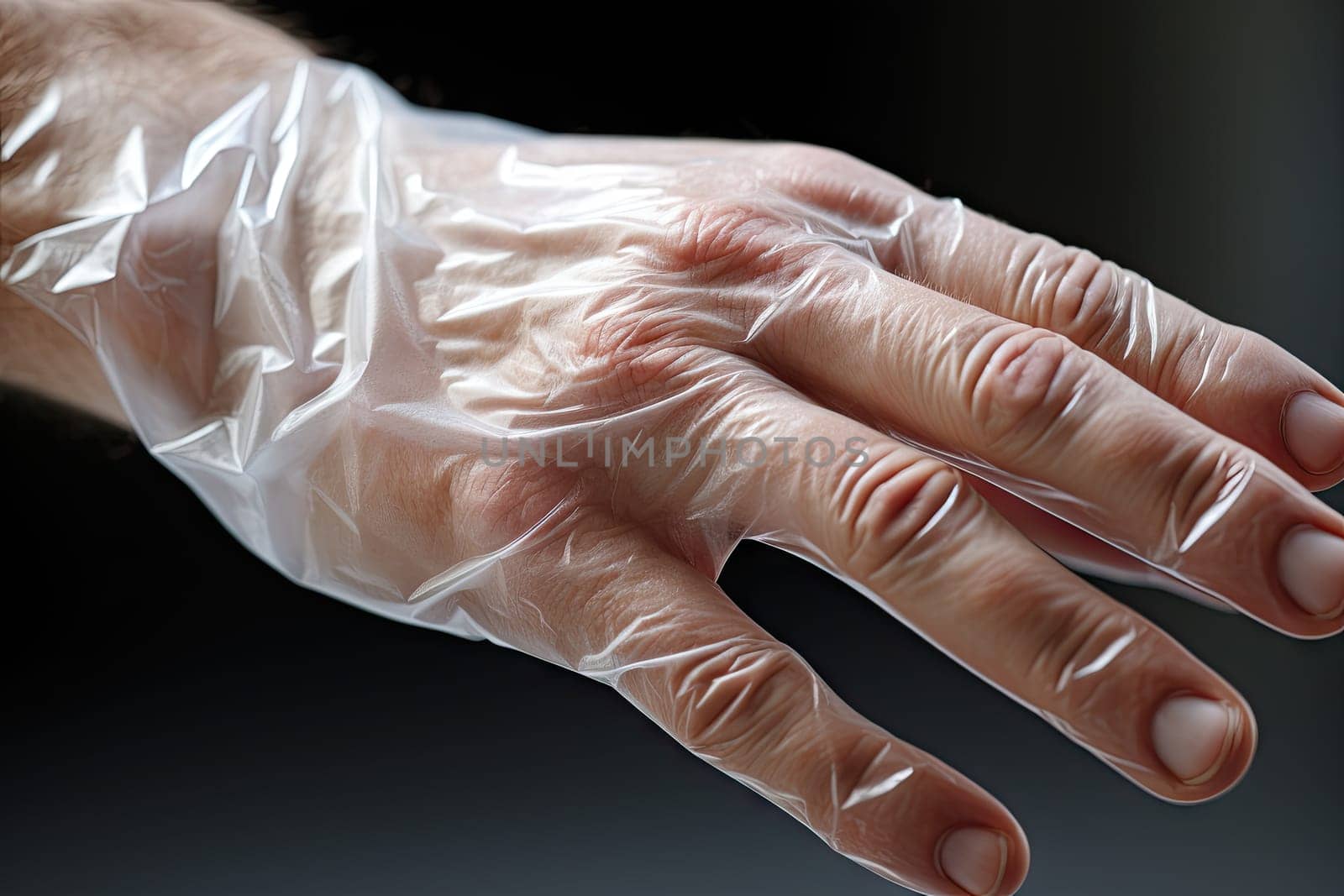 A person's hand with a plastic glove on it created with generative AI technology by golibtolibov