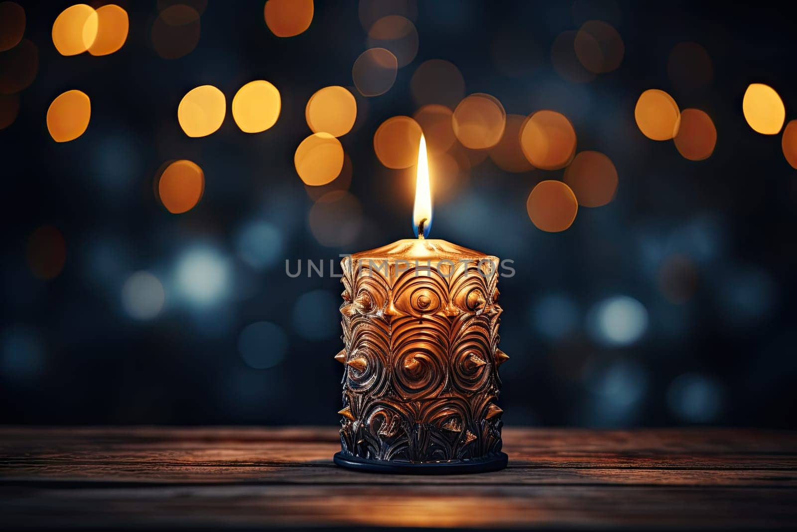 A lit candle sitting on top of a wooden table created with generative AI technology by golibtolibov