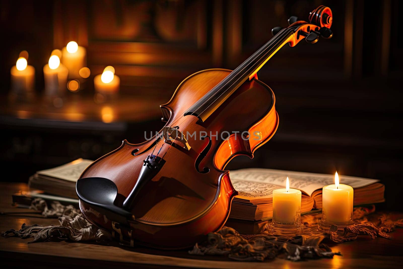 A violin sitting on top of a table next to candles created with generative AI technology by golibtolibov