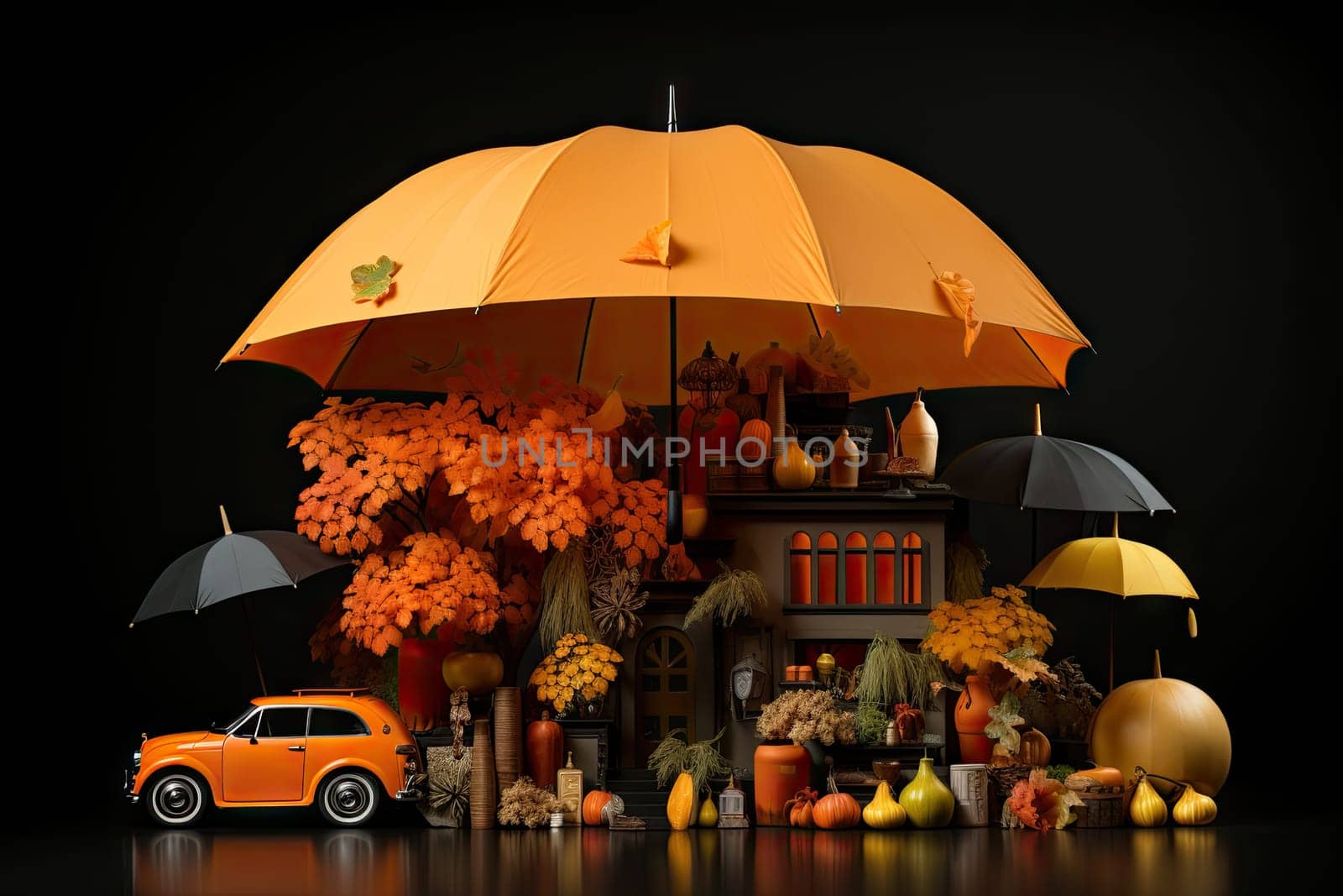 A suitcase sitting under a green umbrella surrounded by other items by golibtolibov