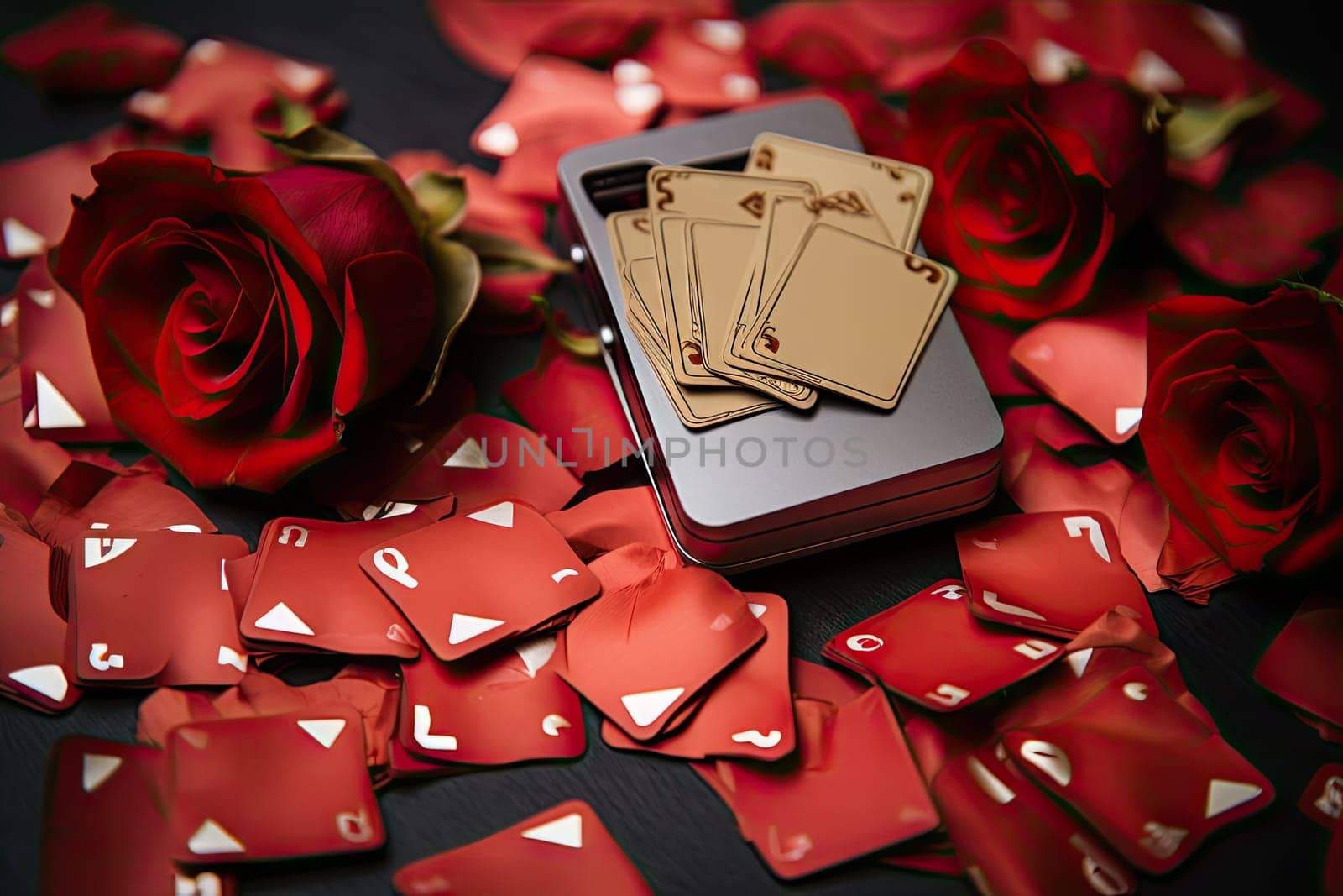 Four of a kind of playing cards on a bed of rose petals created with generative AI technology by golibtolibov