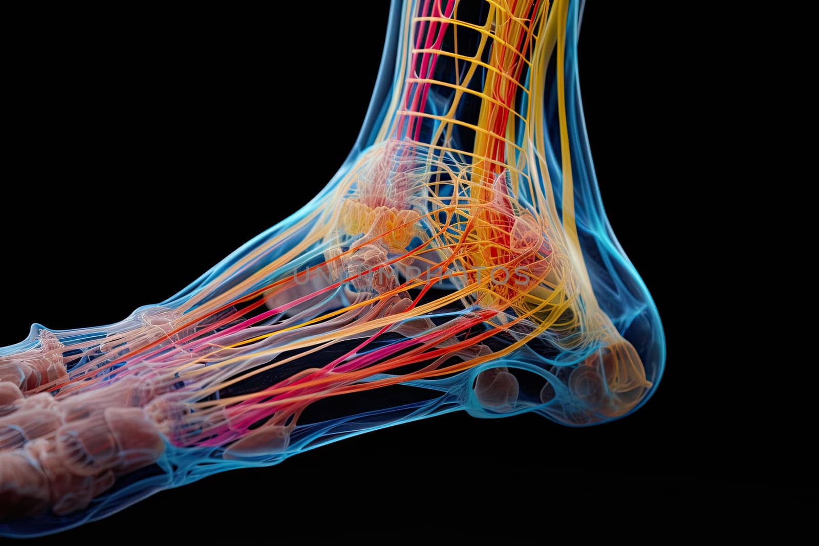 The foot of a person with multiple colored lines on it created with generative AI technology by golibtolibov
