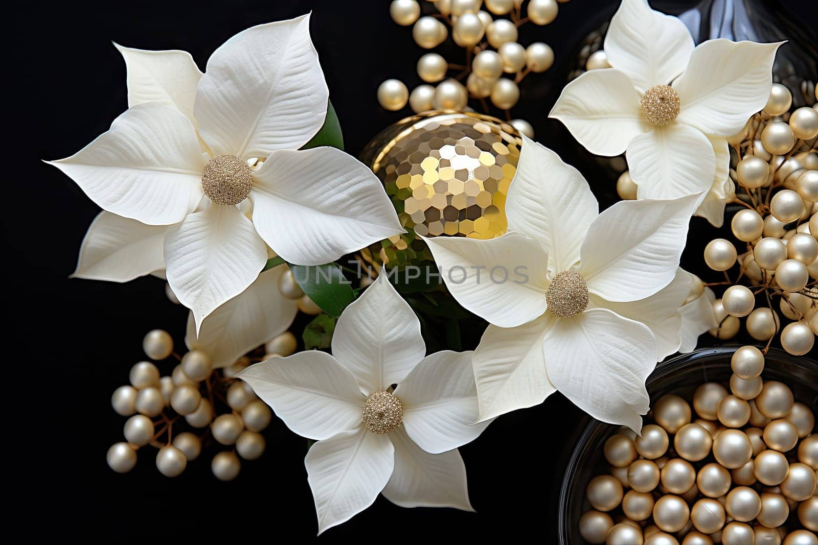 Elegant Beauty: A Vase Filled With White Flowers and Pearls
