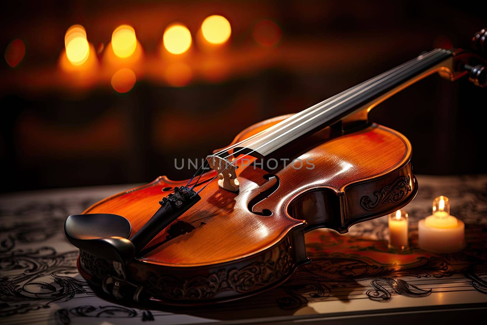 A violin sitting on top of a table next to candles created with generative AI technology by golibtolibov