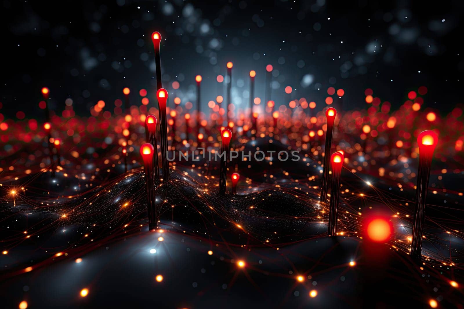 Futuristic Metropolis: A Vibrant Cityscape Illuminated by Red Lights Against a Dark Sky