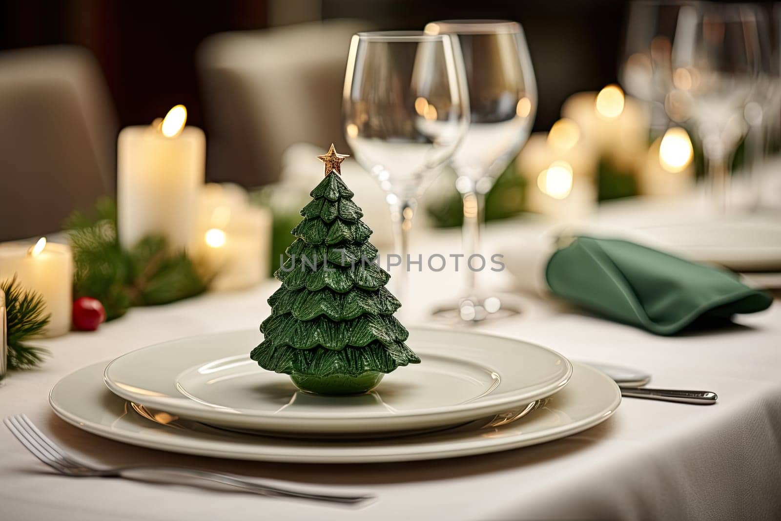 A Festive Christmas Dinner Table Set with Candles and Holiday Decorations Created With Generative AI Technology