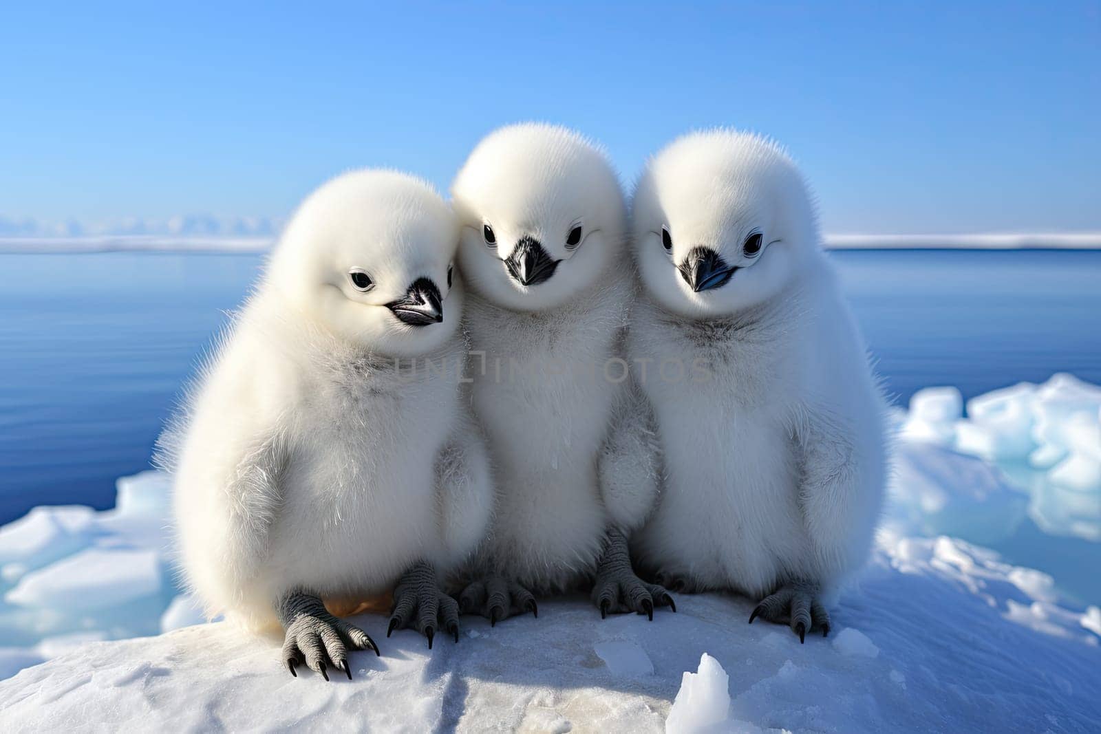 Three Adorable Baby Birds Sitting on Snow-Covered Ground Created With Generative AI Technology