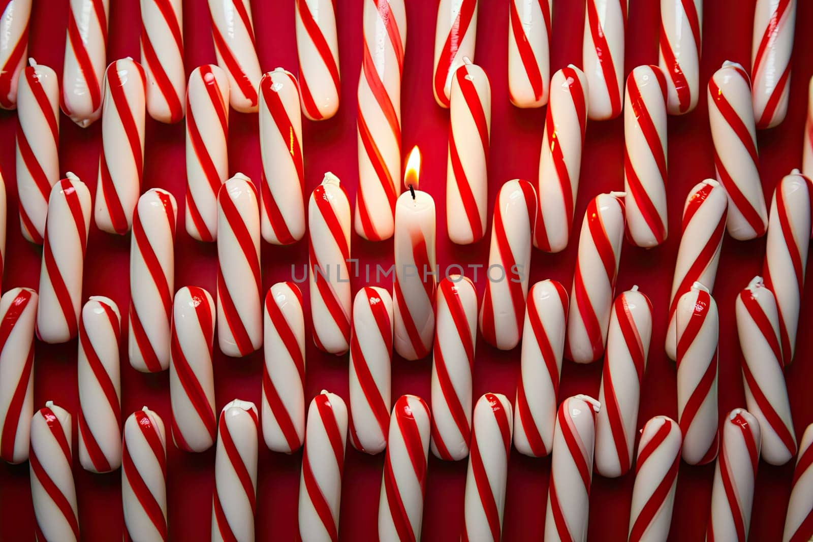 Many candy canes are lined up in a row created with generative AI technology by golibtolibov