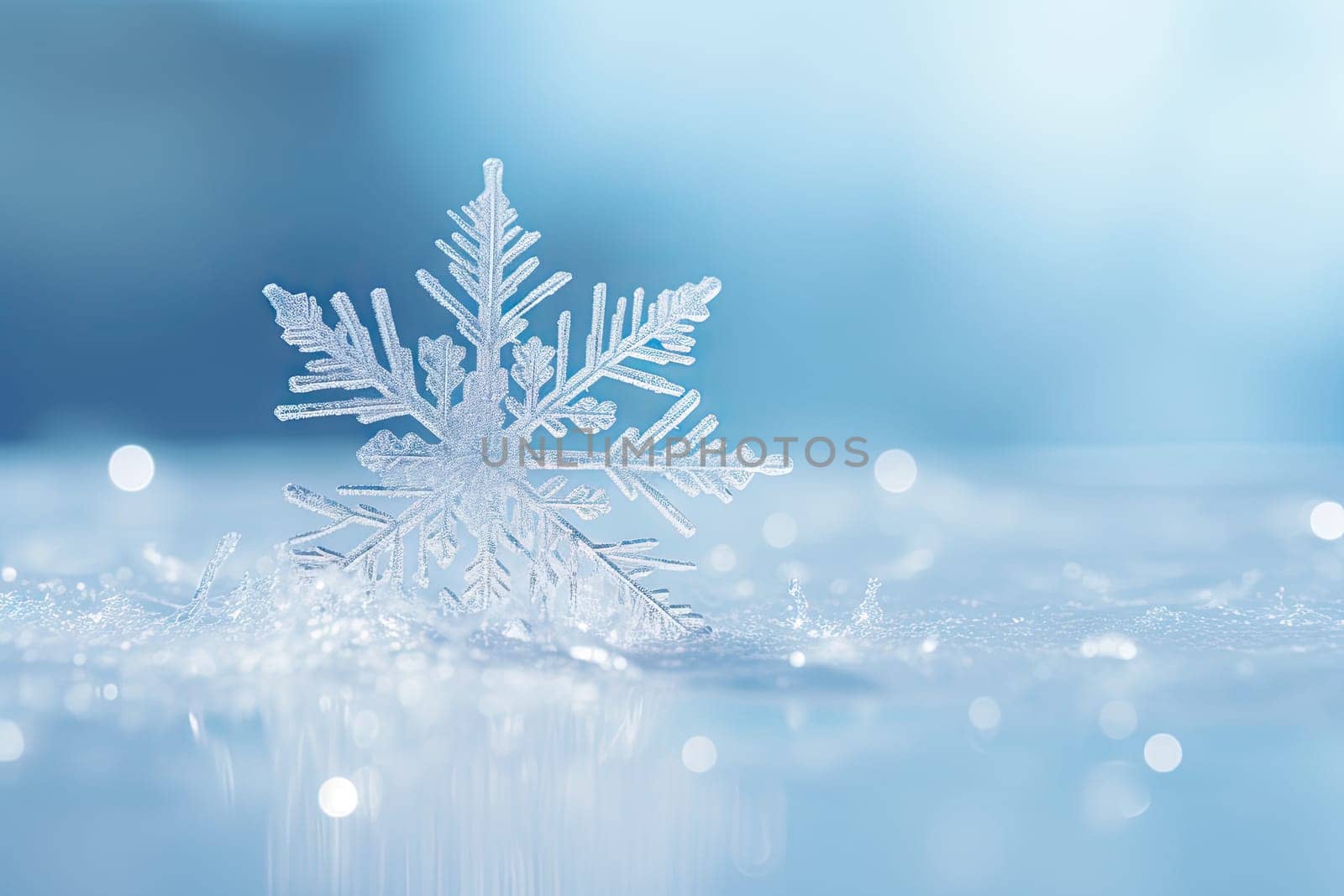 A close up of a snowflake on a blue background created with generative AI technology by golibtolibov