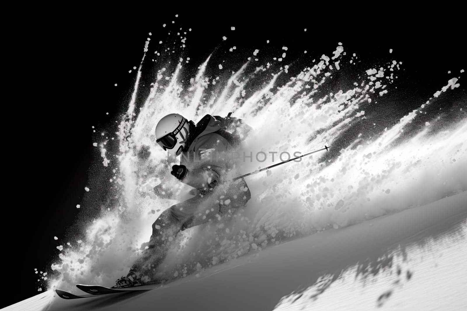 A man riding skis down a snow covered slope created with generative AI technology by golibtolibov