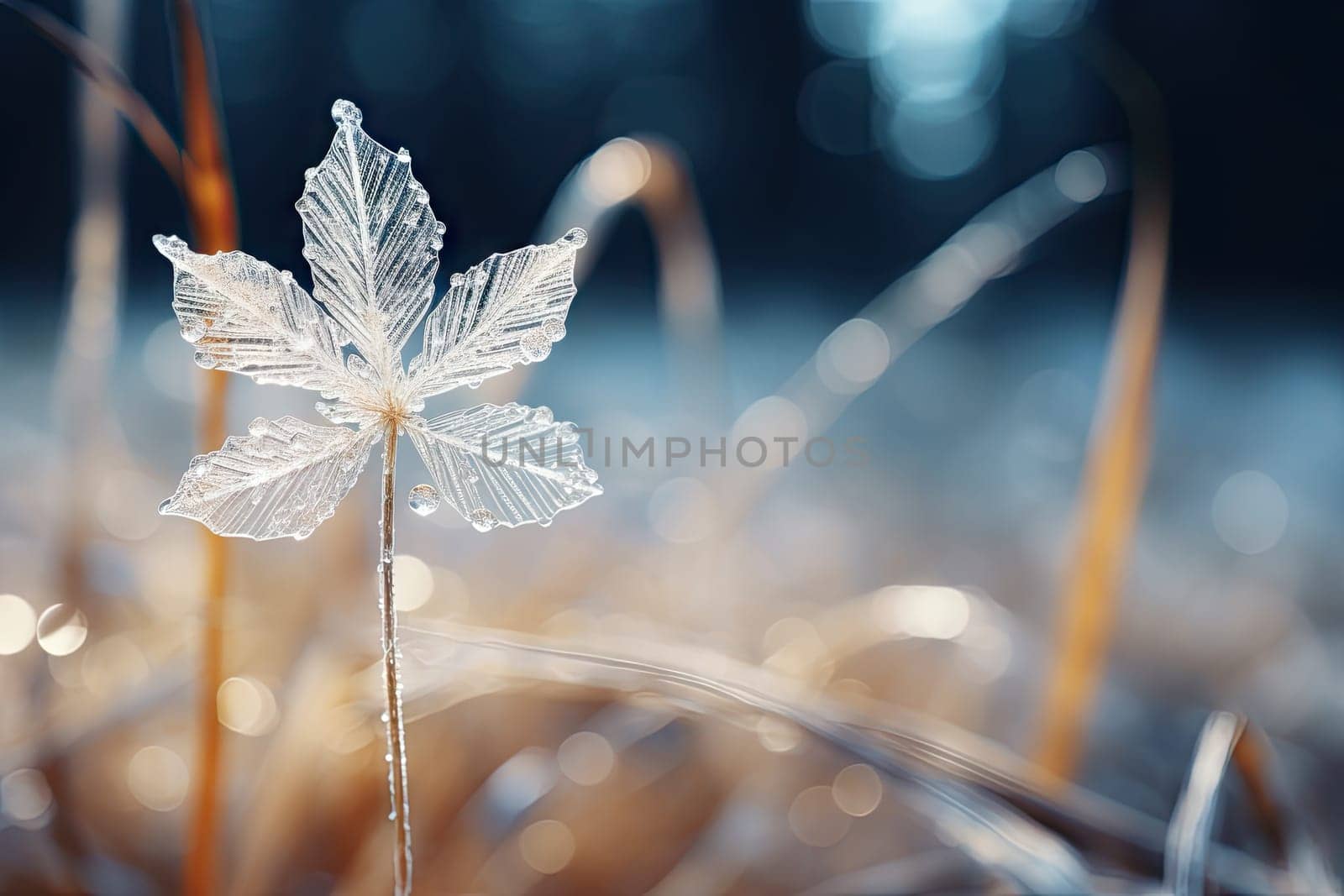 A frozen leaf sitting on top of a grass covered field created with generative AI technology by golibtolibov
