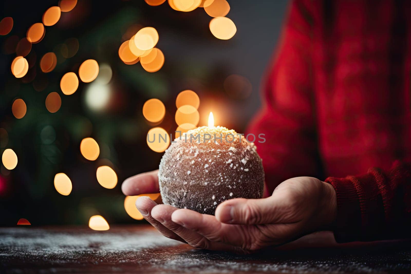 A person holding a ball of food in front of a christmas tree by golibtolibov