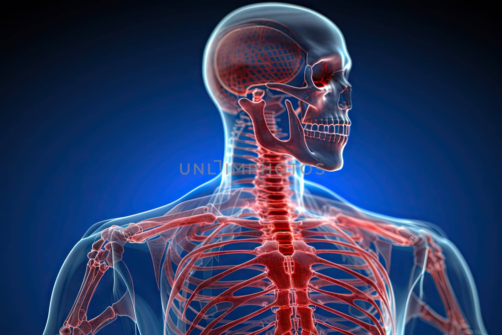 A skeleton is shown with the skeleton highlighted in red created with generative AI technology by golibtolibov
