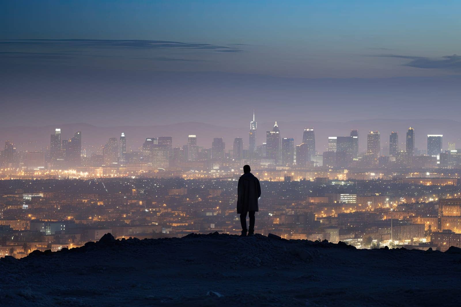 A man standing on top of a hill overlooking a city by golibtolibov