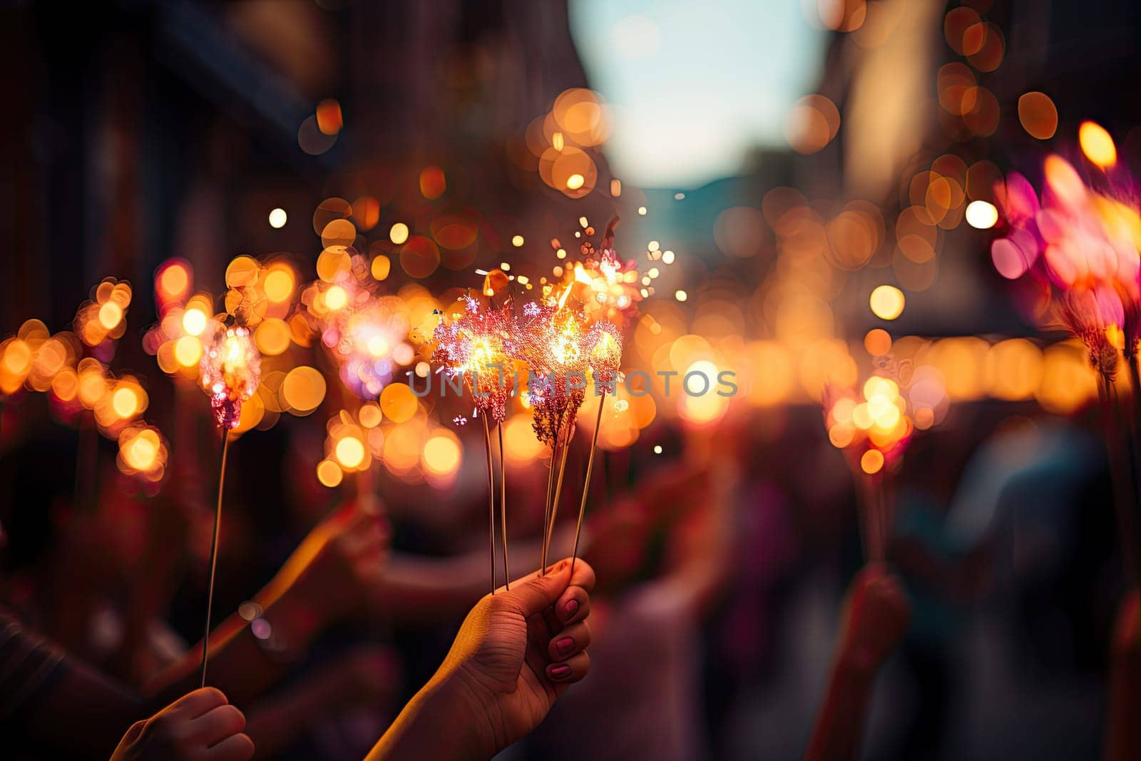 A group of people holding sparklers in their hands created with generative AI technology by golibtolibov