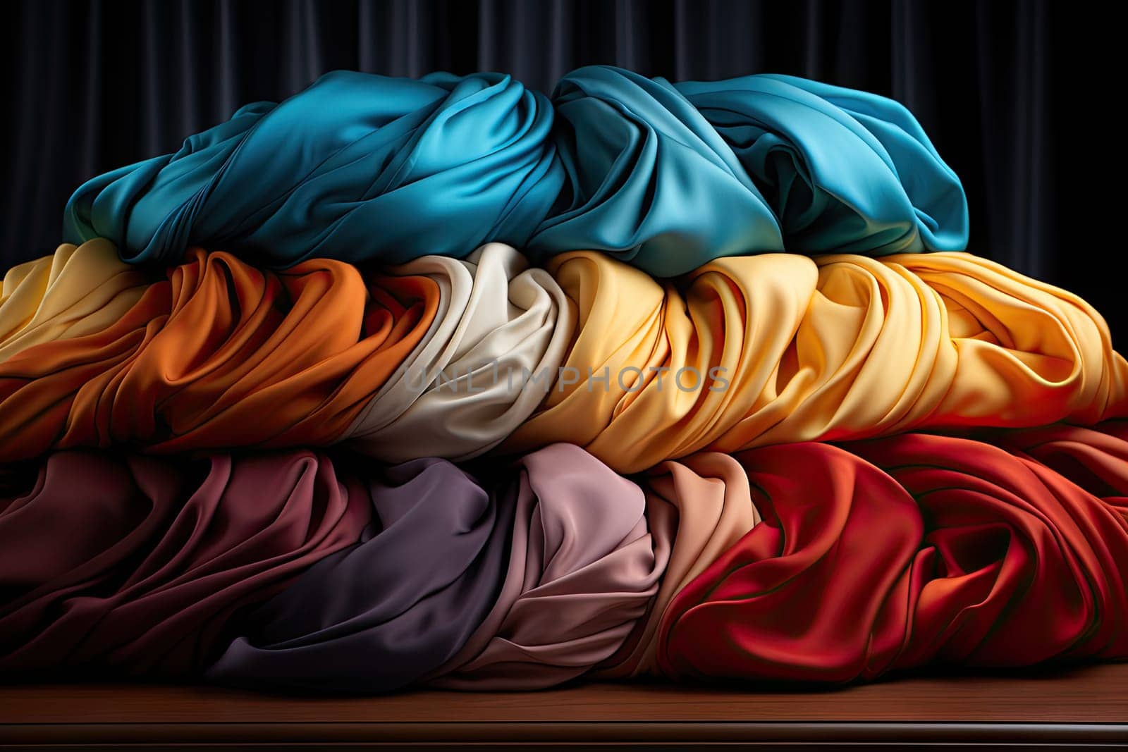 A stack of colorful cloths sitting on top of a wooden table created with generative AI technology by golibtolibov