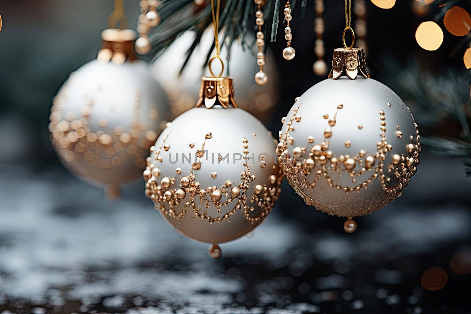 A Festive Display: Colorful Ornaments Hanging from a Twinkling Christmas Tree Created With Generative AI Technology