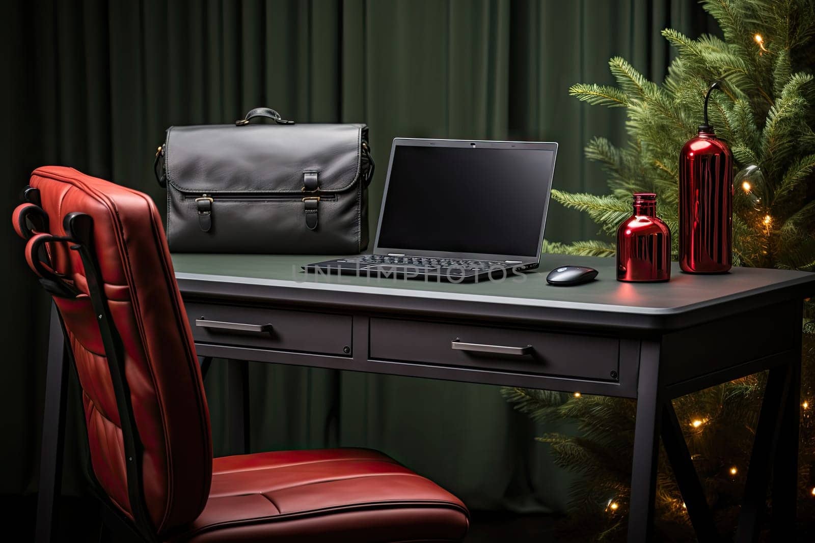 A laptop computer sitting on top of a wooden desk created with generative AI technology by golibtolibov