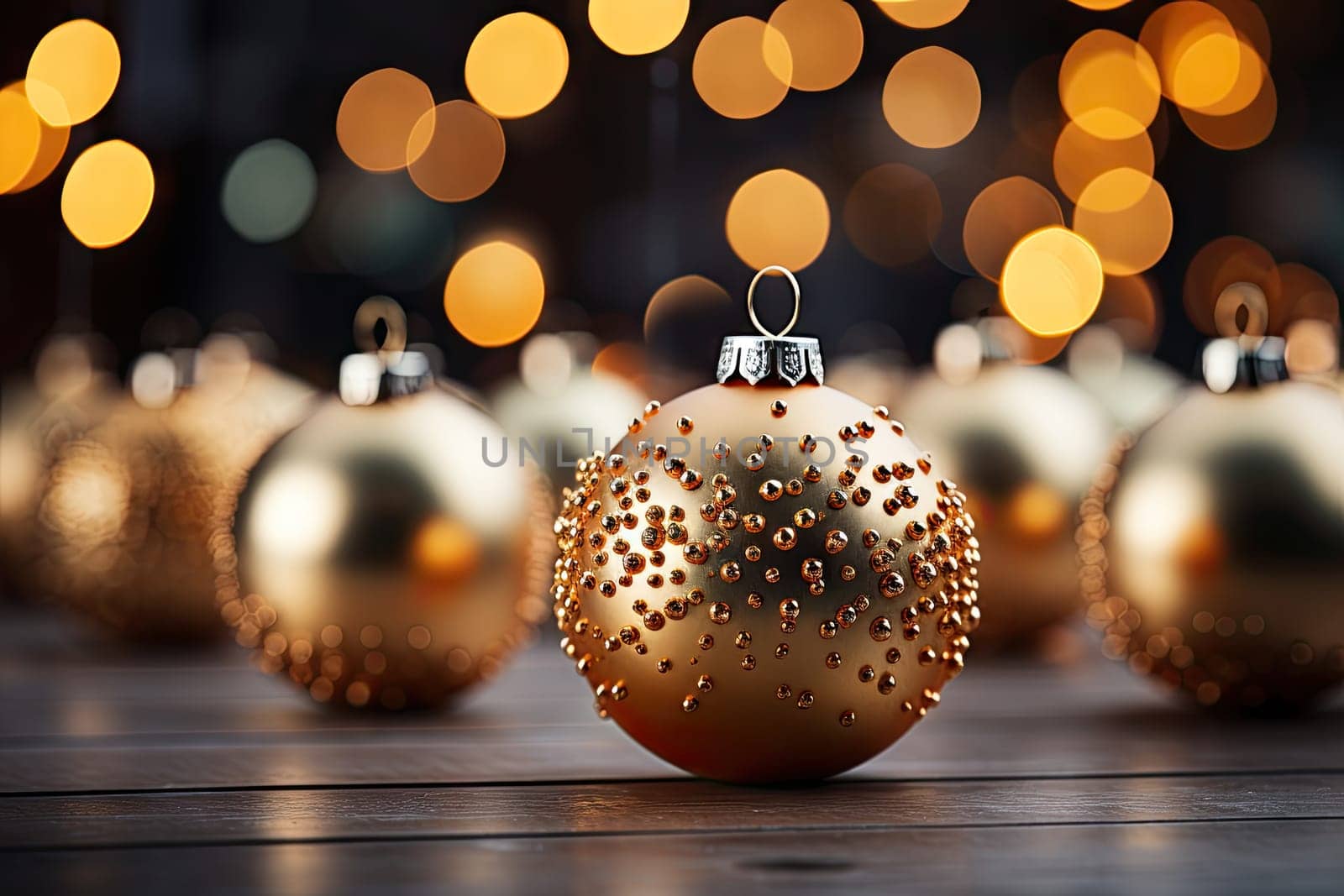 A group of gold christmas ornaments sitting on top of a table created with generative AI technology by golibtolibov