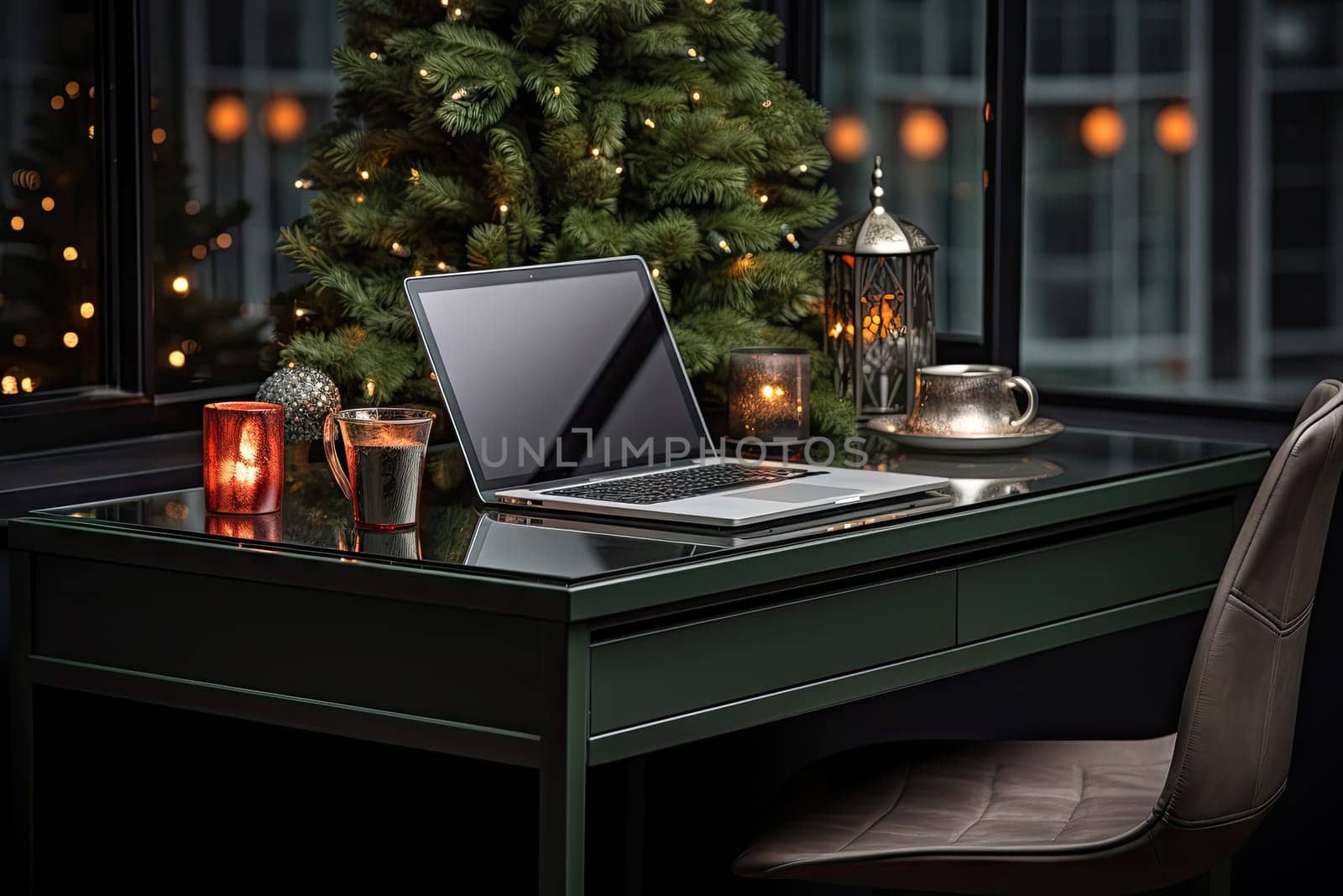 Laptop computer sitting on top of desk next to christmas tree created with generative AI technology by golibtolibov