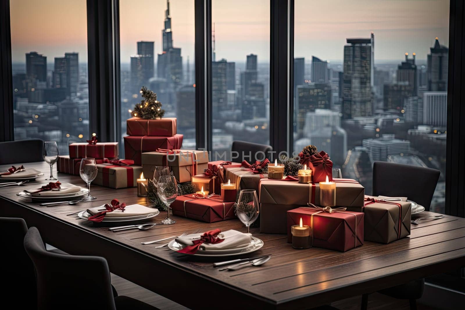 A Festive Table Overflowing with a Variety of Beautifully Wrapped Presents Created With Generative AI Technology