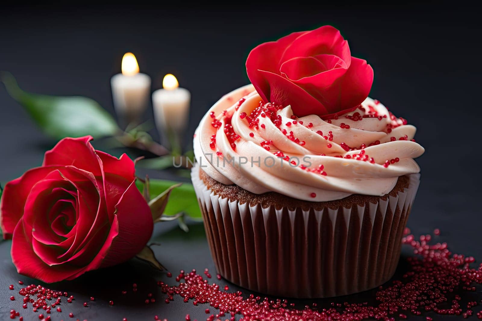 A cupcake with white frosting and a red rose created with generative AI technology by golibtolibov