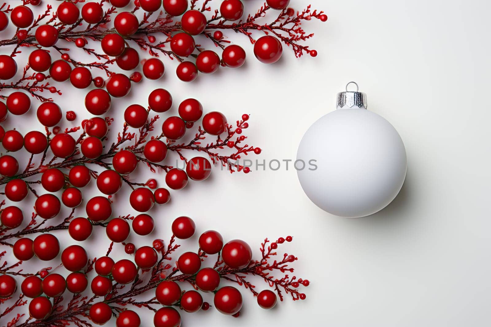 A white ornament surrounded by red berries created with generative AI technology by golibtolibov