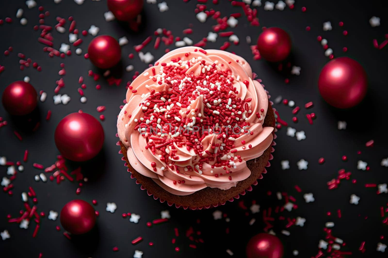 A cupcake with pink frosting and sprinkles created with generative AI technology by golibtolibov