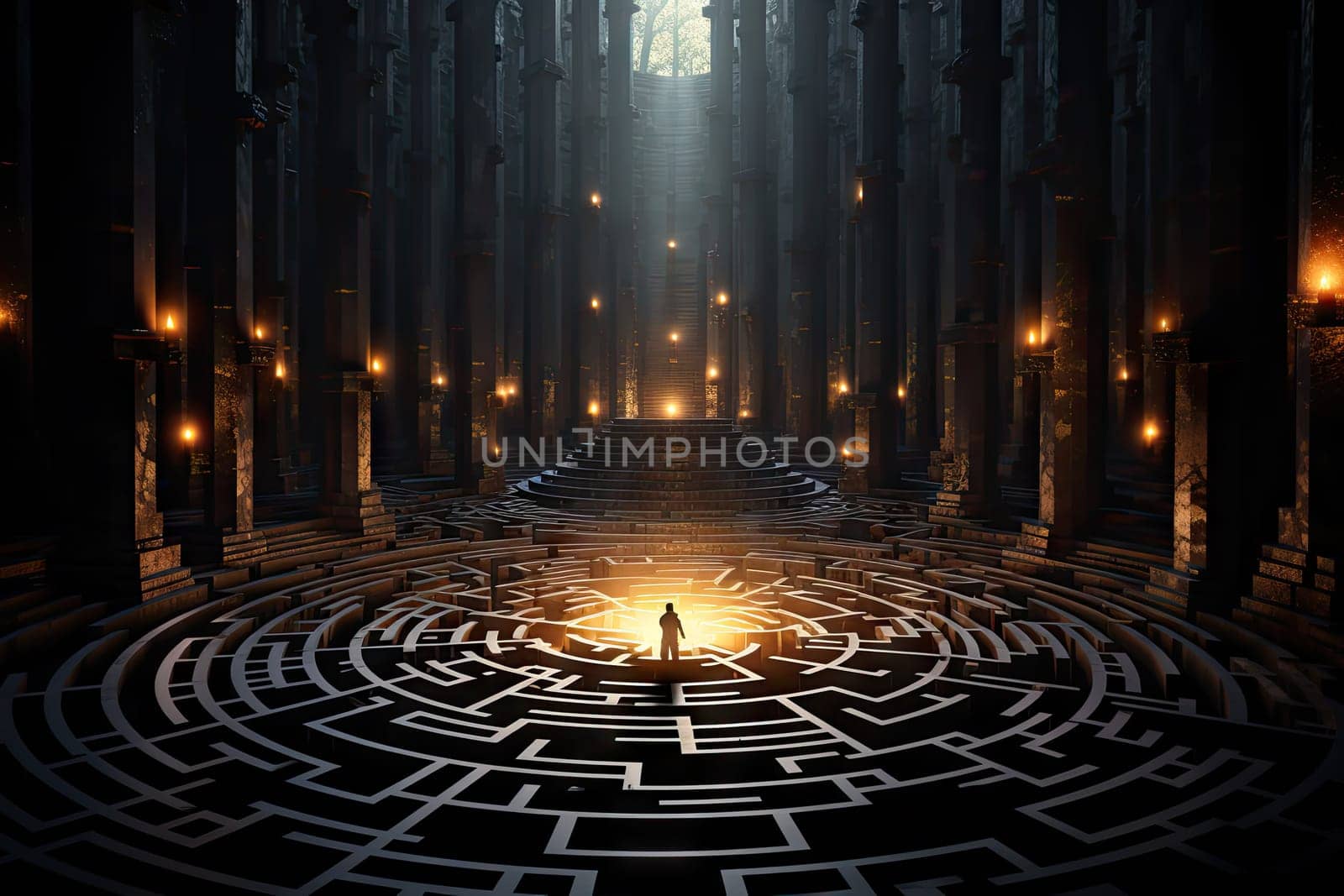 The Enigmatic Explorer: A Lone Adventurer Surrounded by the Intricate Pathways of a Mysterious Maze