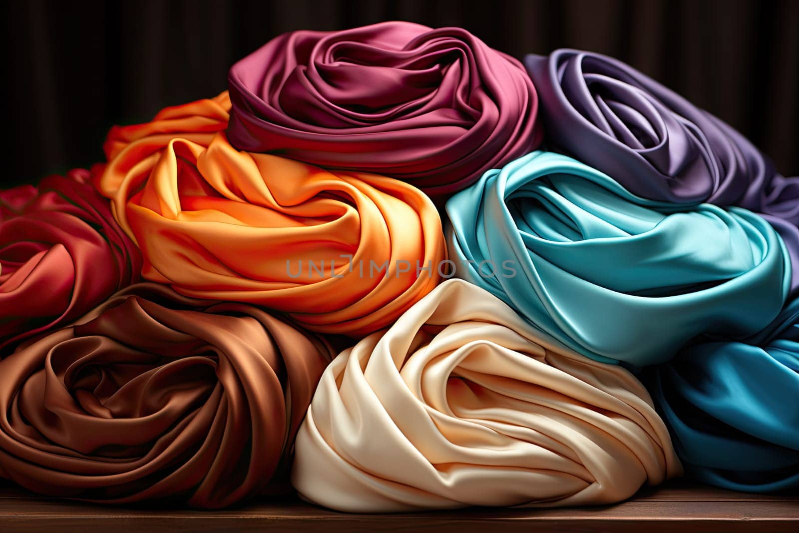 A pile of different colored scarves sitting on top of a table created with generative AI technology by golibtolibov