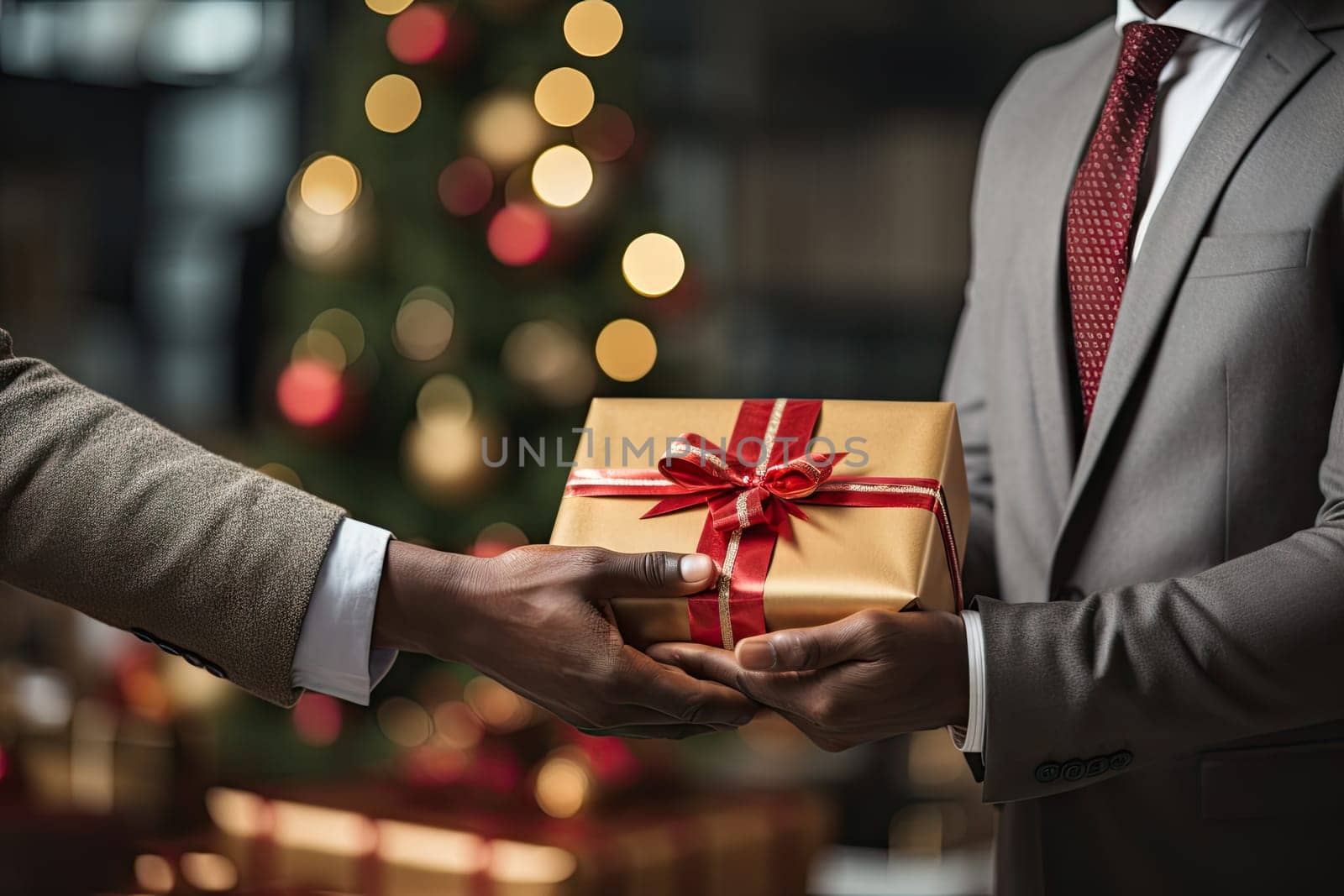 A man and woman exchanging a gift in front of a christmas tree created with generative AI technology by golibtolibov