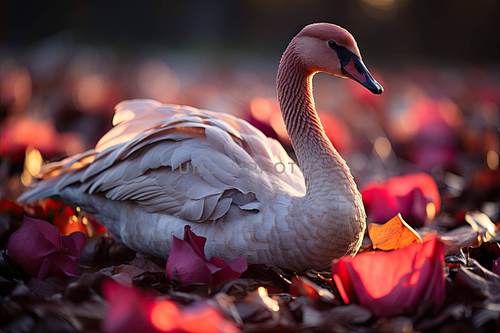 A swan is sitting in a bed of flowers created with generative AI technology by golibtolibov