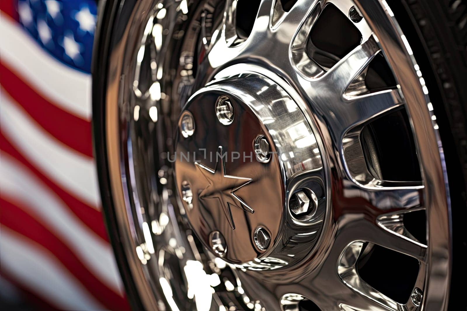 A close up of a tire with an american flag in the background created with generative AI technology by golibtolibov