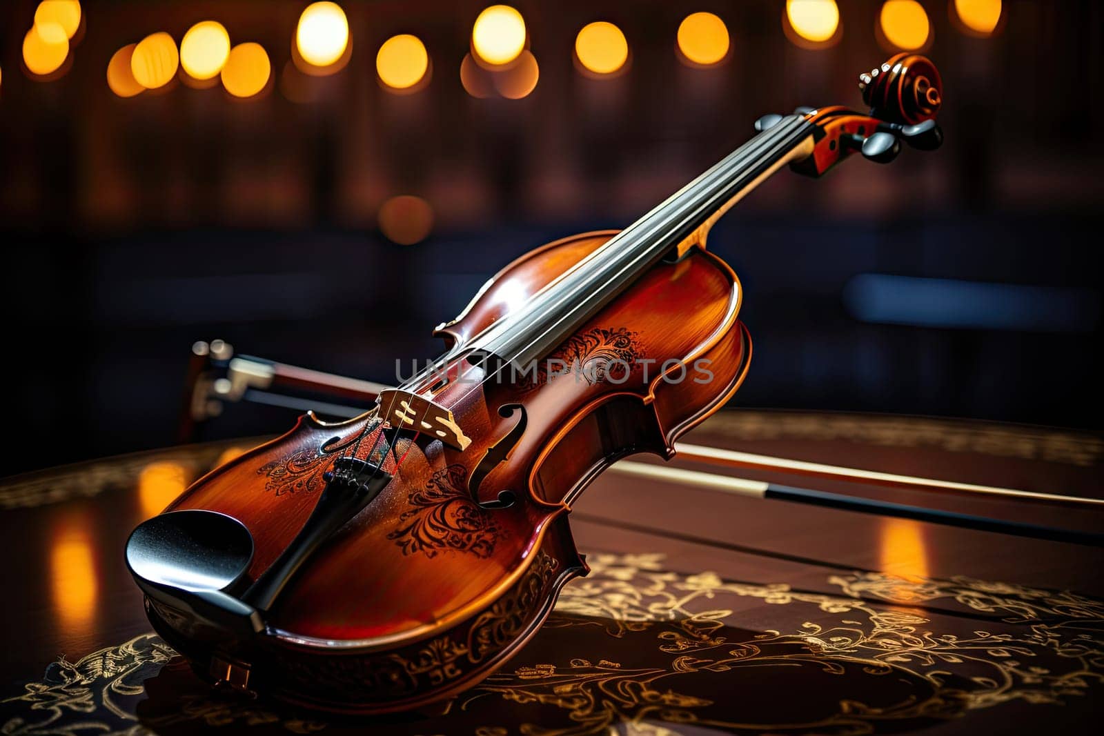 Captivating Melodies: A Graceful Violin Resting on a Polished Wooden Table Created With Generative AI Technology