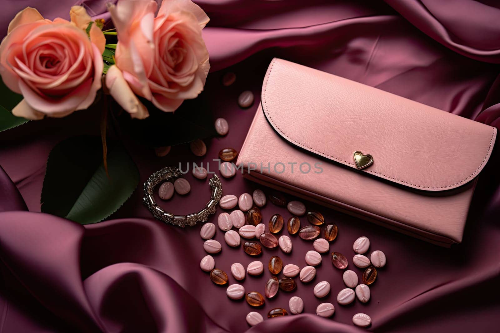 A pink purse sitting on top of a purple cloth by golibtolibov