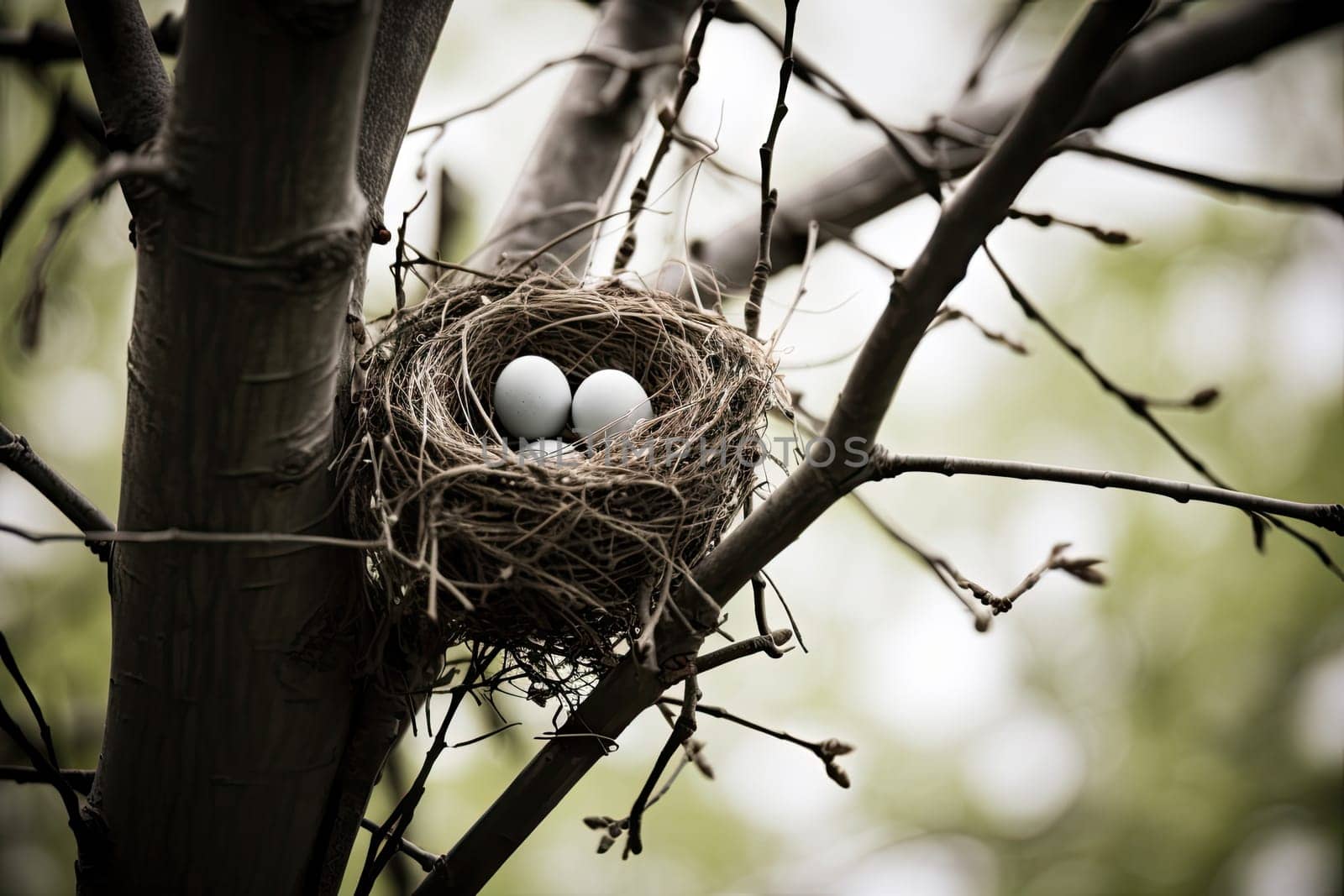 A bird nest with two eggs in a tree created with generative AI technology by golibtolibov