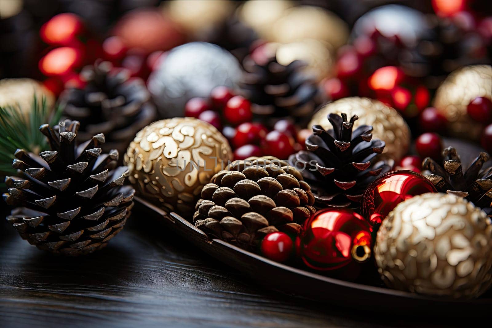 A plate filled with christmas decorations and pine cones created with generative AI technology by golibtolibov