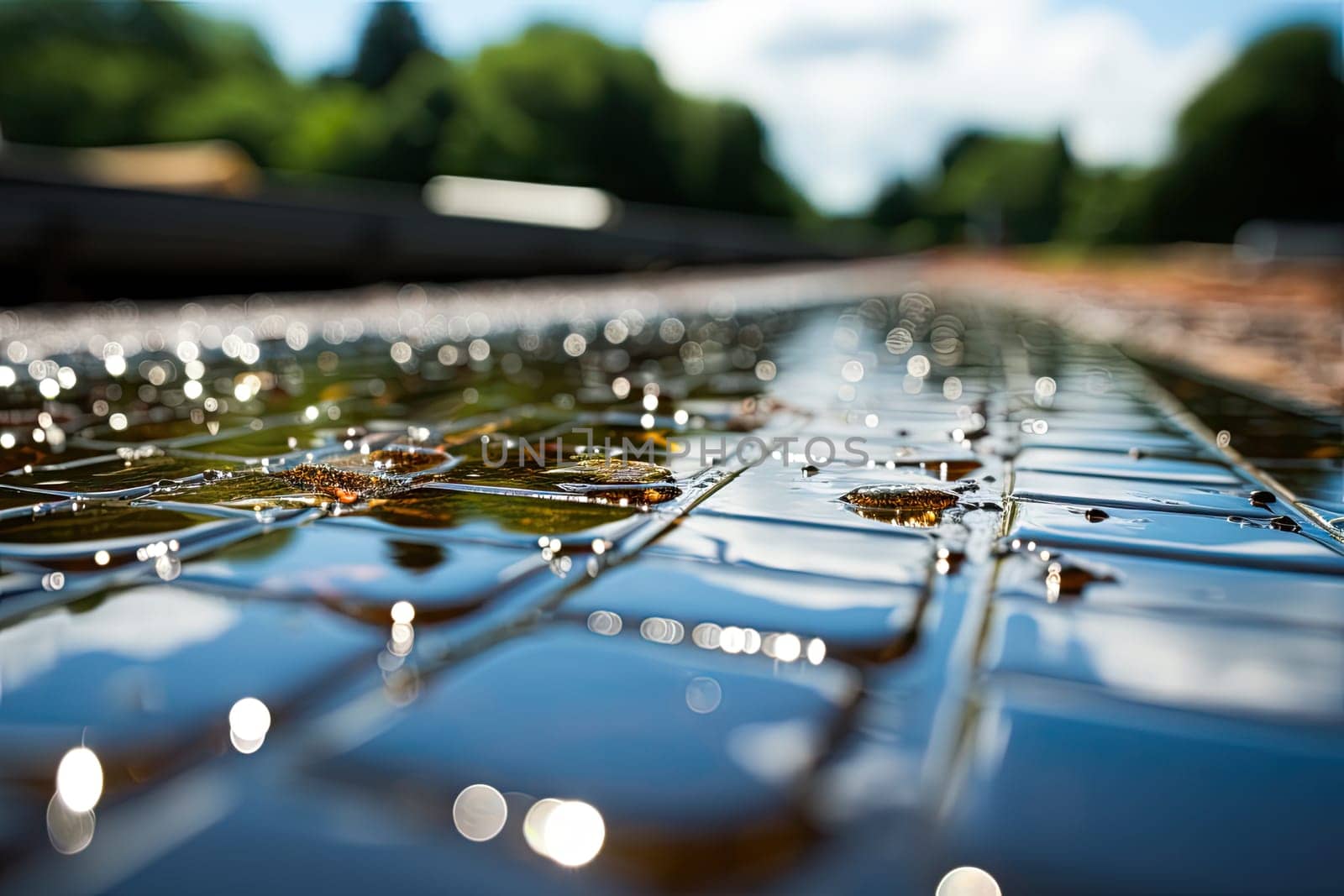 Glistening Reflections: A Close-Up of Glass Tile with Sparkling, Transparent Water Droplets