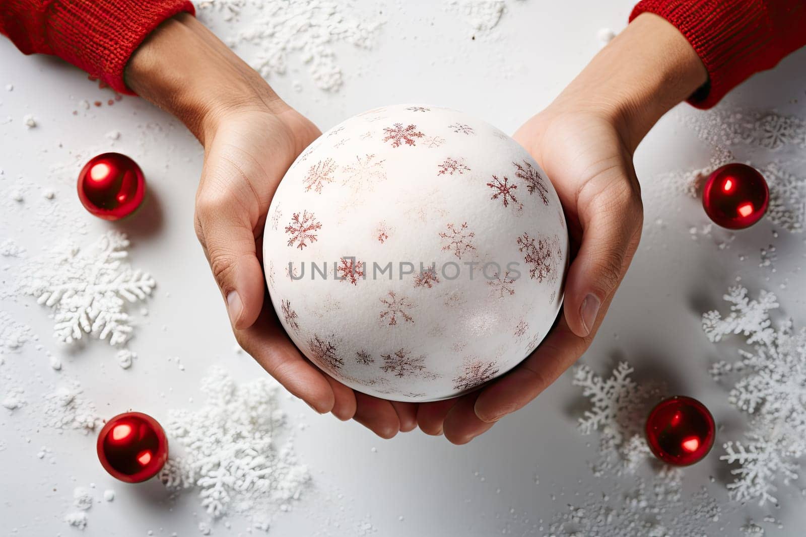 A woman is holding a christmas ornament on a plate created with generative AI technology by golibtolibov